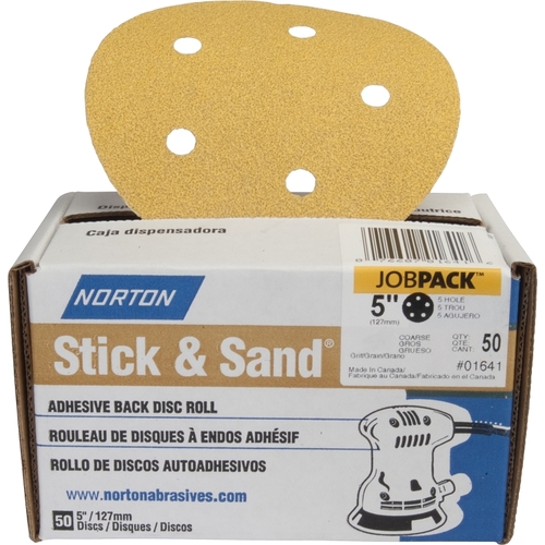 Norton 07660701646 Stick & Sand Sanding Disc, 5 in Dia, Coated, 180 Grit, Fine, Aluminum Oxide Abrasive - pack of 50