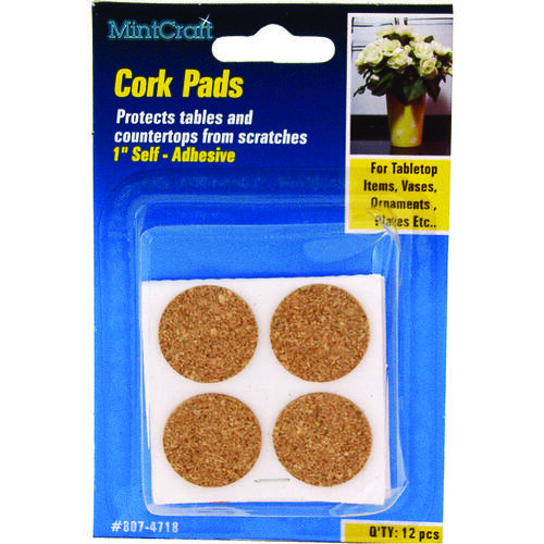 Furniture Pad, Cork, Brown, 1 in Dia, 5/64 in Thick, Round - pack of 12