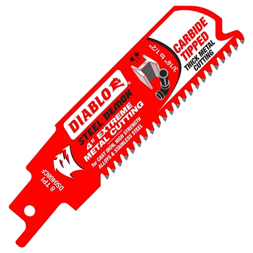 Diablo DS0408CFC Reciprocating Saw Blade, 1 in W, 4 in L, 8 TPI, Carbide Cutting Edge Red