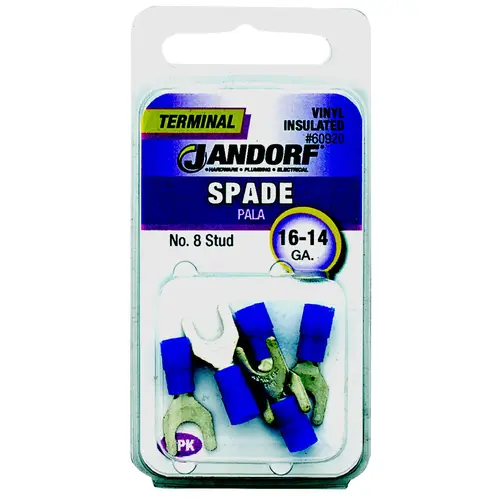 Spade Terminal, 600 V, 16 to 14 AWG Wire, #8 Stud, Vinyl Insulation, Copper Contact, Blue