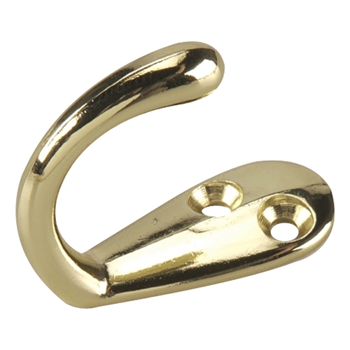 Single Wardrobe Hook, 5 kg, 1-Hook, 36.5 mm Opening, Metal, Bright Brass