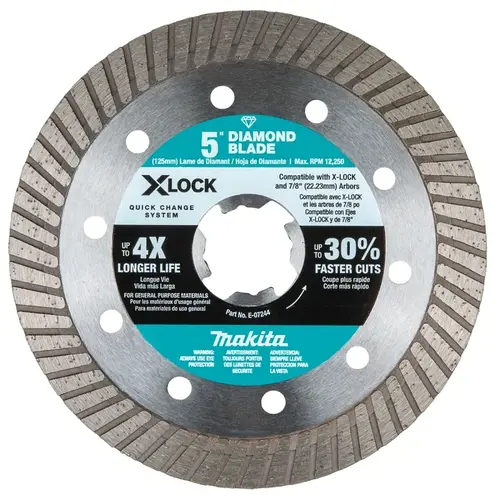 X-LOCK Blade, 5 in Dia, 7/8 in Arbor, Turbo Rim Silver