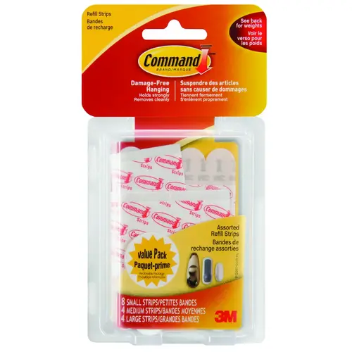 Command 1720016ESF Assorted Adhesive Strips, White, 8 Small, 4 Medium, 4 Large Strips