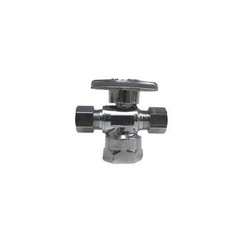 Stop Valve, 1/2 x 3/8 x 1/4 in Connection, FIP x Compression x Compression, Brass Body Chrome