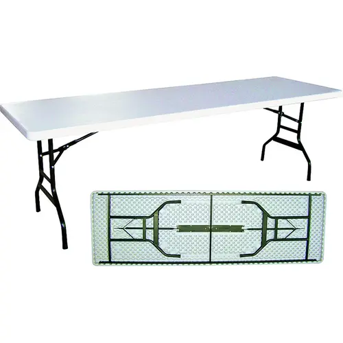 Banquet Table, 8 ft OAW, 30 in OAD, 29-1/4 in OAH, Steel Frame, Polyethylene Tabletop White Top/ Black Legs