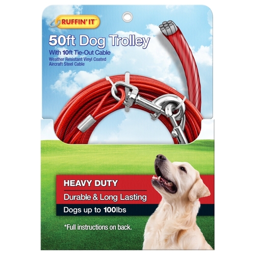 29450 Tie-Out Cable with Dog Trolley, Swivel Snap End, 10 ft L Belt/Cable, Steel, Red