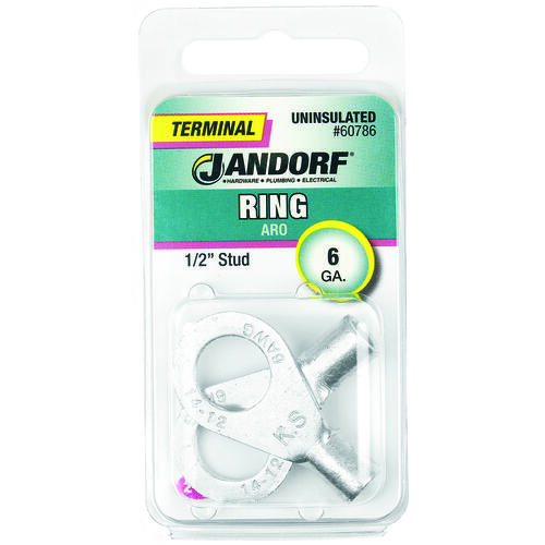 Jandorf 60786 Ring Terminal, 6 AWG Wire, 1/2 in Stud, Copper Contact