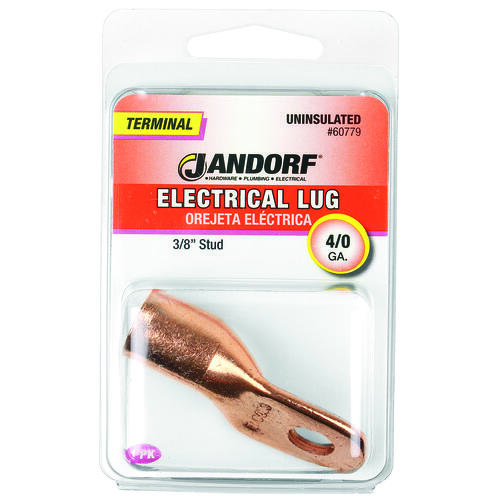 Jandorf 60779 Electrical Lug, 4/0 AWG Wire, 3/8 in Stud, Copper Contact, Brown