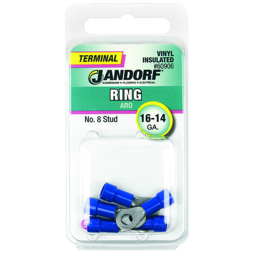 Jandorf 60906 Ring Terminal, 16 to 14 AWG Wire, #8 Stud, Vinyl Insulation, Copper Contact, Blue