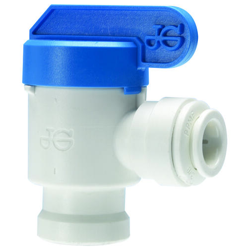 Elbow Shut-Off Valve, 3/8 x 1/4 in Connection, Tube x NPTF, 150 psi Pressure, Polypropylene Body White