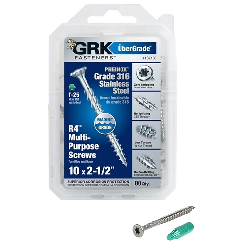 GRK Fasteners 137133 Framing and Decking Screw, #10 Thread, 2-1/2 in L, Flat Head, Star Drive, 316 Stainless Steel - pack of 80