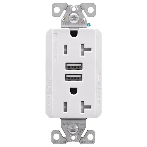 TRUSB5A20 Receptacle, 2 -Pole, 5 A, 125 VAC, 2 -USB Port, Type A USB, White