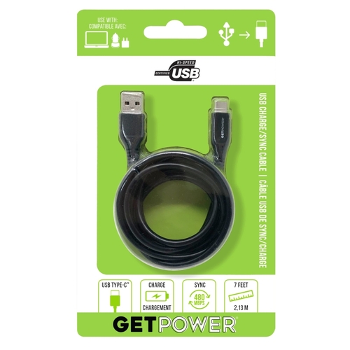 GetPower GP-XL-USB-C XL Charging and Sync USB Cable, USB 2.0 A, USB-C, 7 ft L