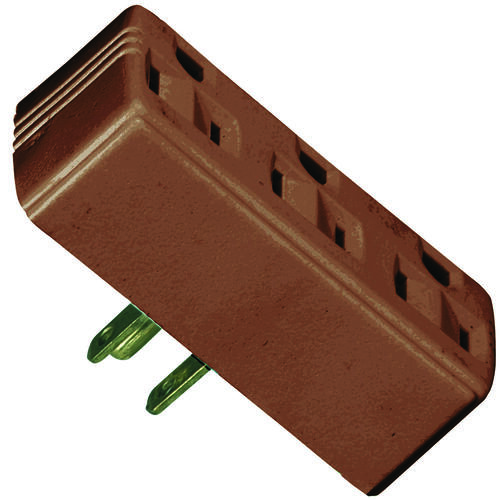 Outlet Adapter, 2 -Pole, 15 A, 125 V, 3 -Outlet, NEMA: NEMA 5-15R, Brown