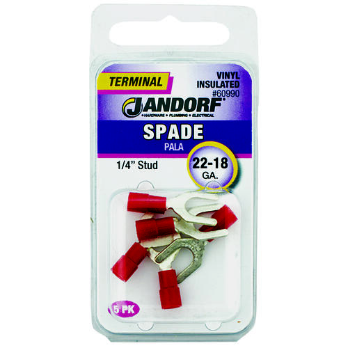 Spade Terminal, 600 V, 22 to 18 AWG Wire, 1/4 in Stud, Vinyl Insulation, Copper Contact, Red