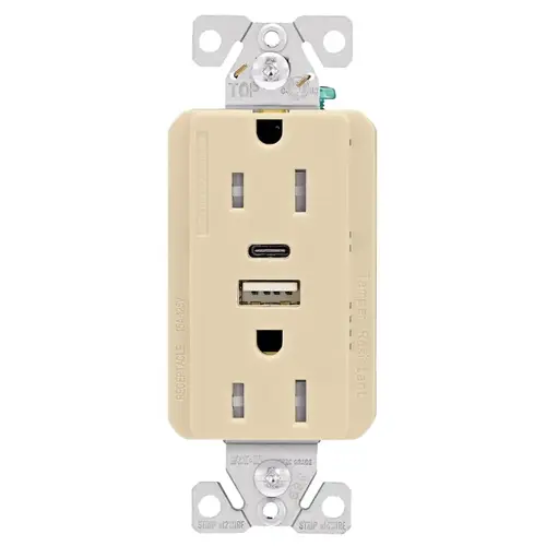 TRUSBAC15 TRUSBAC15V-K-L Receptacle, 2 -Pole, 5 A, 125 VAC, 2 -USB Port, Type A, C USB, Ivory