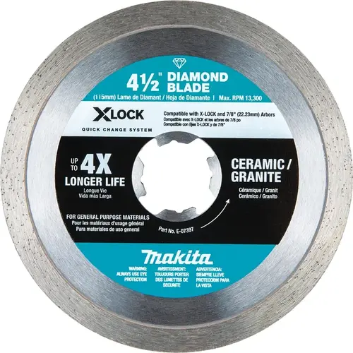X-LOCK Blade, 4-1/2 in Dia, 7/8 in Arbor, Continuous Rim Silver