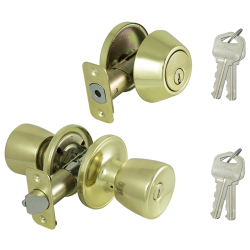 Deadbolt and Entry Lockset, 3 Grade, Tulip Handle, Keyed Alike Key, Brass, Polished Brass - pack of 2