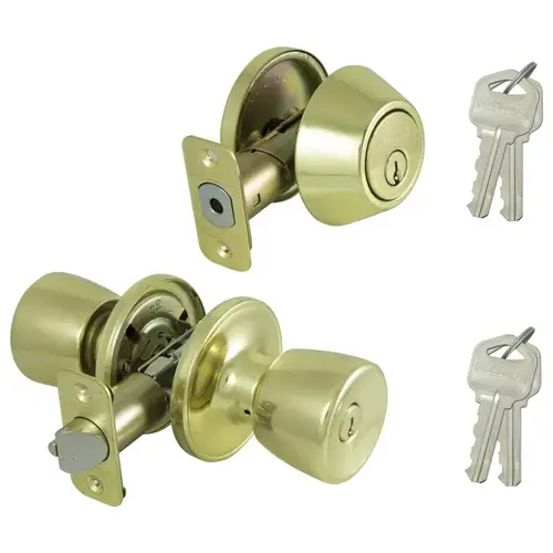 Deadbolt and Entry Lockset, 3 Grade, Tulip Handle, Keyed Alike Key, Brass, Polished Brass - pack of 12