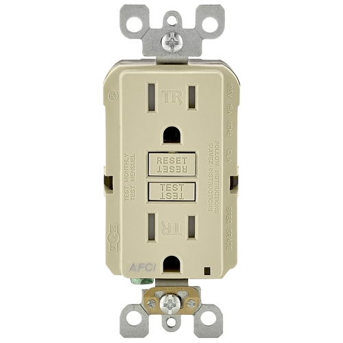 AFTR1-KI AFCI Duplex Receptacle, 2 -Pole, 15 A, 125 VAC, Back, Grounding, Side Wiring, NEMA: NEMA 5-15R Ivory