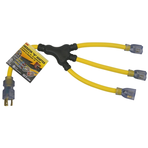 Prime GC130802 Generator W-Adapter with Indicator Light, 12/3 AWG Cable, 2 ft L, Yellow