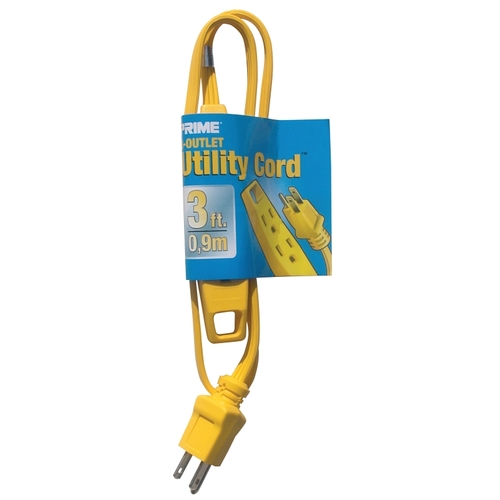 Utility Extension Cord, 16/3 AWG Cable, 3 ft L, 13 A, 125 V, Yellow