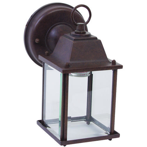 Outdoor Wall Lantern, 120 V, 60 W, A19 or CFL Lamp, Aluminum Fixture, Rustic Brown