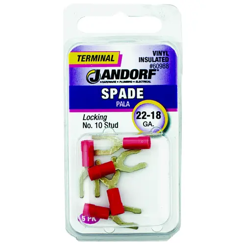 Spade Terminal, 600 V, 22 to 18 AWG Wire, #10 Stud, Vinyl Insulation, Copper Contact, Red