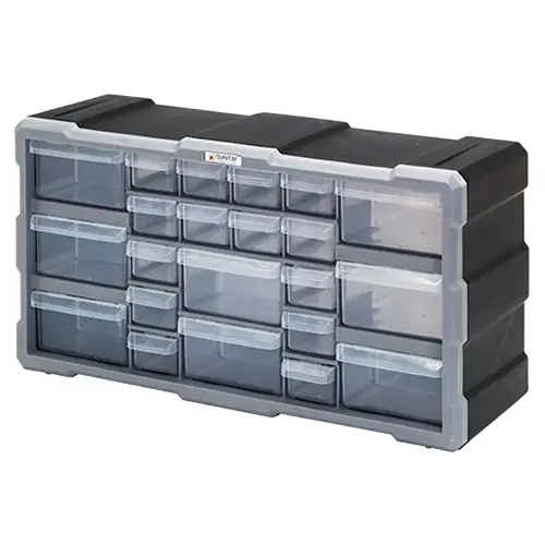 QUANTUM STORAGE SYSTEMS PDC-22BK Drawer Cabinet, 22-Drawer, Polypropylene, 19-1/2 in OAW, 10 in OAH, 6-1/4 in OAD Clear