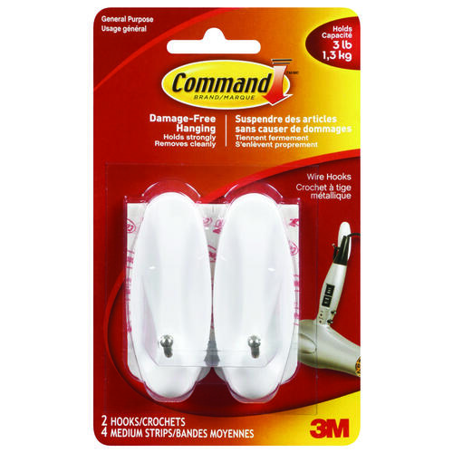 Command 17068C Wire Hook, 3 lb, 2-Hook, Plastic, White
