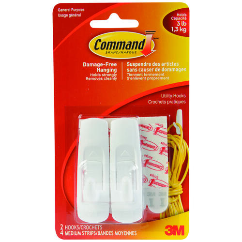 Command 17001C Utility Hook, 3, 4 lb, 2-Hook, Plastic, White