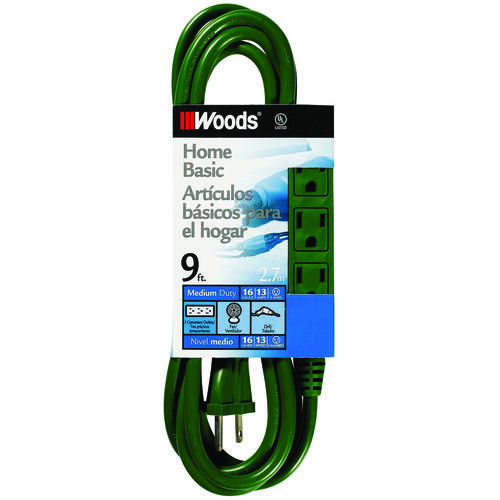 Extension Cord, 16 AWG Cable, 9 ft L, 13 A, Green