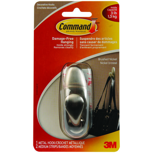 Command FC12-BN-C Hook, 3 lb, 1-Hook, Metal, Brushed Nickel