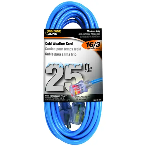 Extension Cord, 16 AWG Cable, 5-15P Grounded Plug, 5-15R Grounded Receptacle, 25 ft L, 13 A, 125 V