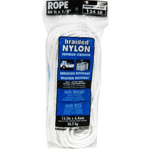 Rope, 1/4 in Dia, 50 ft L, 124 lb Working Load, Nylon, White