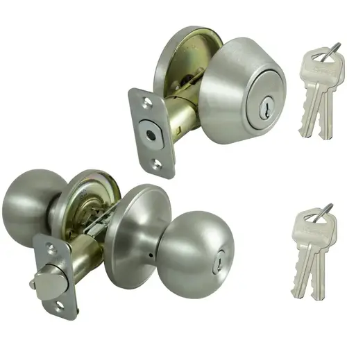 Deadbolt and Entry Lockset, 3 Grade, Ball Handle, Keyed Alike Key, Stainless Steel, Stainless Steel - pack of 12