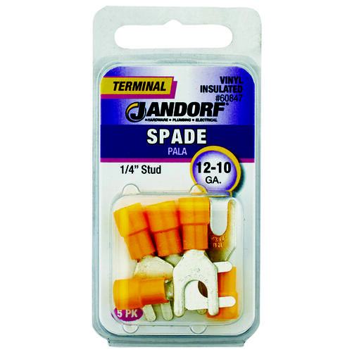Jandorf 60847 Spade Terminal, 600 V, 12 to 10 AWG Wire, 1/4 in Stud, Vinyl Insulation, Copper Contact, Yellow - pack of 5