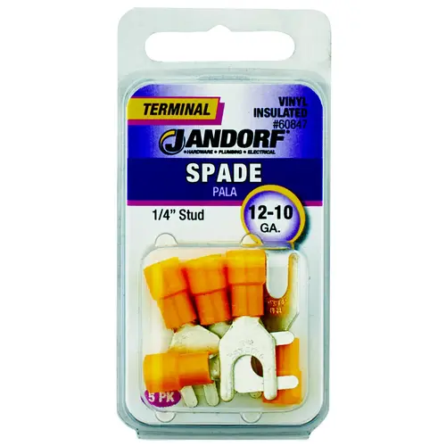 Spade Terminal, 600 V, 12 to 10 AWG Wire, 1/4 in Stud, Vinyl Insulation, Copper Contact, Yellow - pack of 5