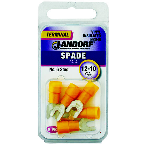 Jandorf 60846 Spade Terminal, 600 V, 12 to 10 AWG Wire, #6 Stud, Vinyl Insulation, Copper Contact, Yellow - pack of 5