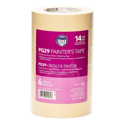 IPG PG29..23R Masking Tape, 60 yd L, 1.41 in W, Paper Backing, Beige - pack of 6