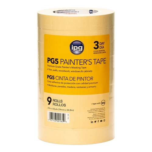 IPG PG5 128R PG5..128R Masking Tape, 60 yd L, 0.94 in W, Paper Backing, Beige - pack of 9