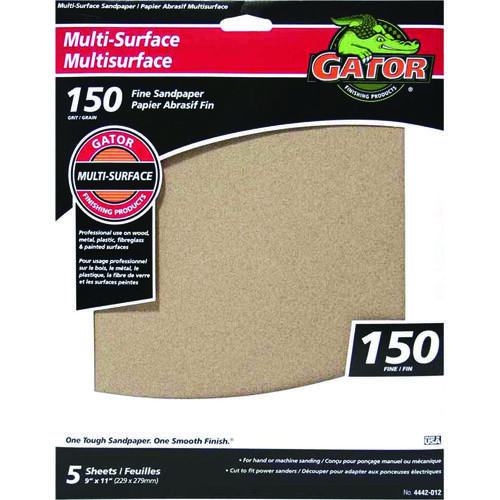 Sanding Sheet, 11 in L, 9 in W, Fine, 150 Grit, Aluminum Oxide Abrasive, Paper Backing - pack of 5