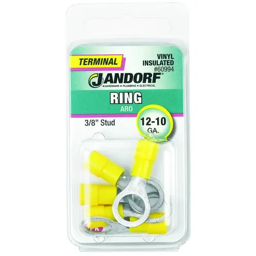 Ring Terminal, 12 to 10 AWG Wire, 3/8 in Stud, Vinyl Insulation, Copper Contact, Yellow