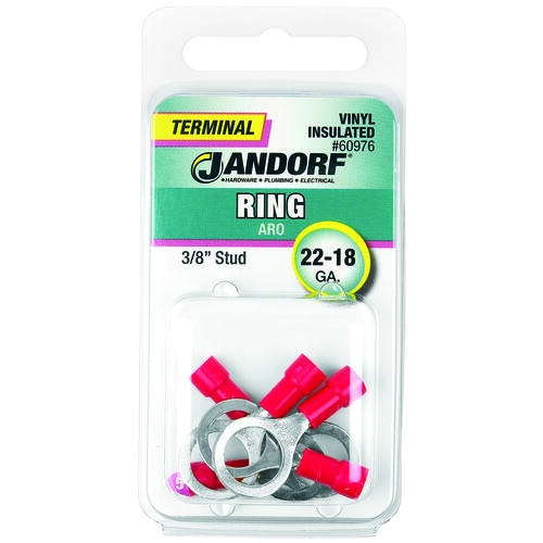 Jandorf 60976 Ring Terminal, 22 to 18 AWG Wire, 3/8 in Stud, Vinyl Insulation, Copper Contact, Red