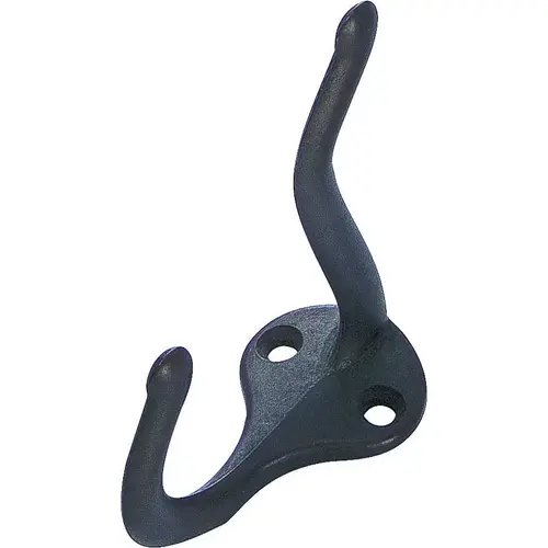 Coat and Hat Hook, 22 lb, 2-Hook, 1 in Opening, Zinc, Oil-Rubbed Bronze Black