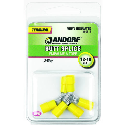 Jandorf 60818 Butt Splice Connector, 12 to 10 AWG Wire, Vinyl Insulation, Copper Contact, Yellow - pack of 2