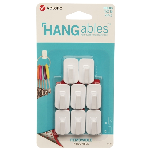 VELCRO Brand VEL-30103-USA HANGables Removable Wall Hook, 0.5 lb, 8-Hook, White - pack of 8