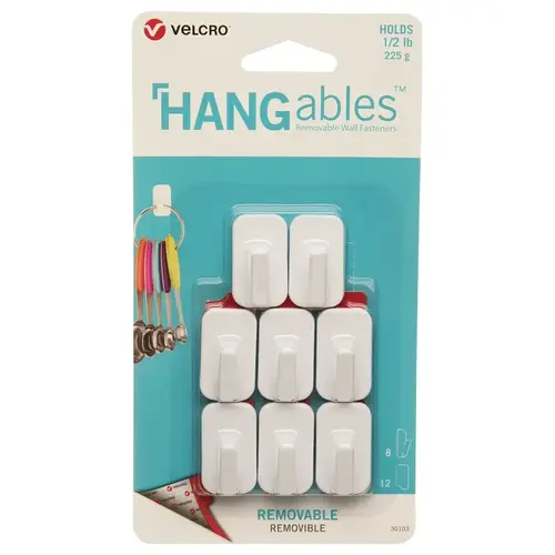 VELCRO Brand VEL-30103-USA HANGables Removable Wall Hook, 0.5 lb, 8-Hook, White - pack of 8