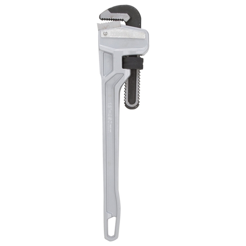 Pipe Wrench, 50 mm Jaw, 18 in L, Serrated Jaw, Aluminum, Powder-Coated, Heavy-Duty Handle Silver