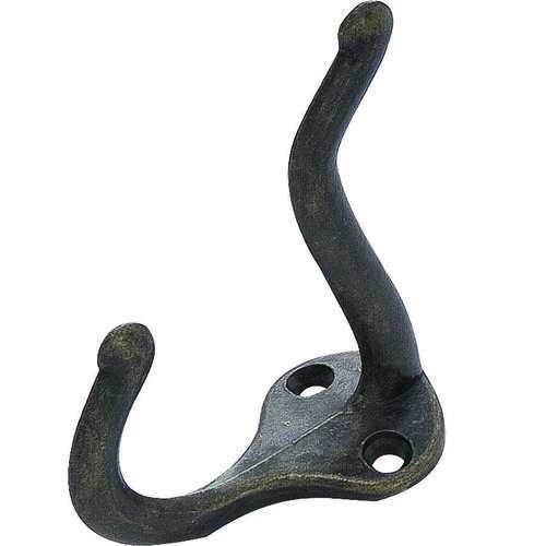 Coat and Hat Hook, 22 lb, 2-Hook, 1 in Opening, Zinc, Antique Brass